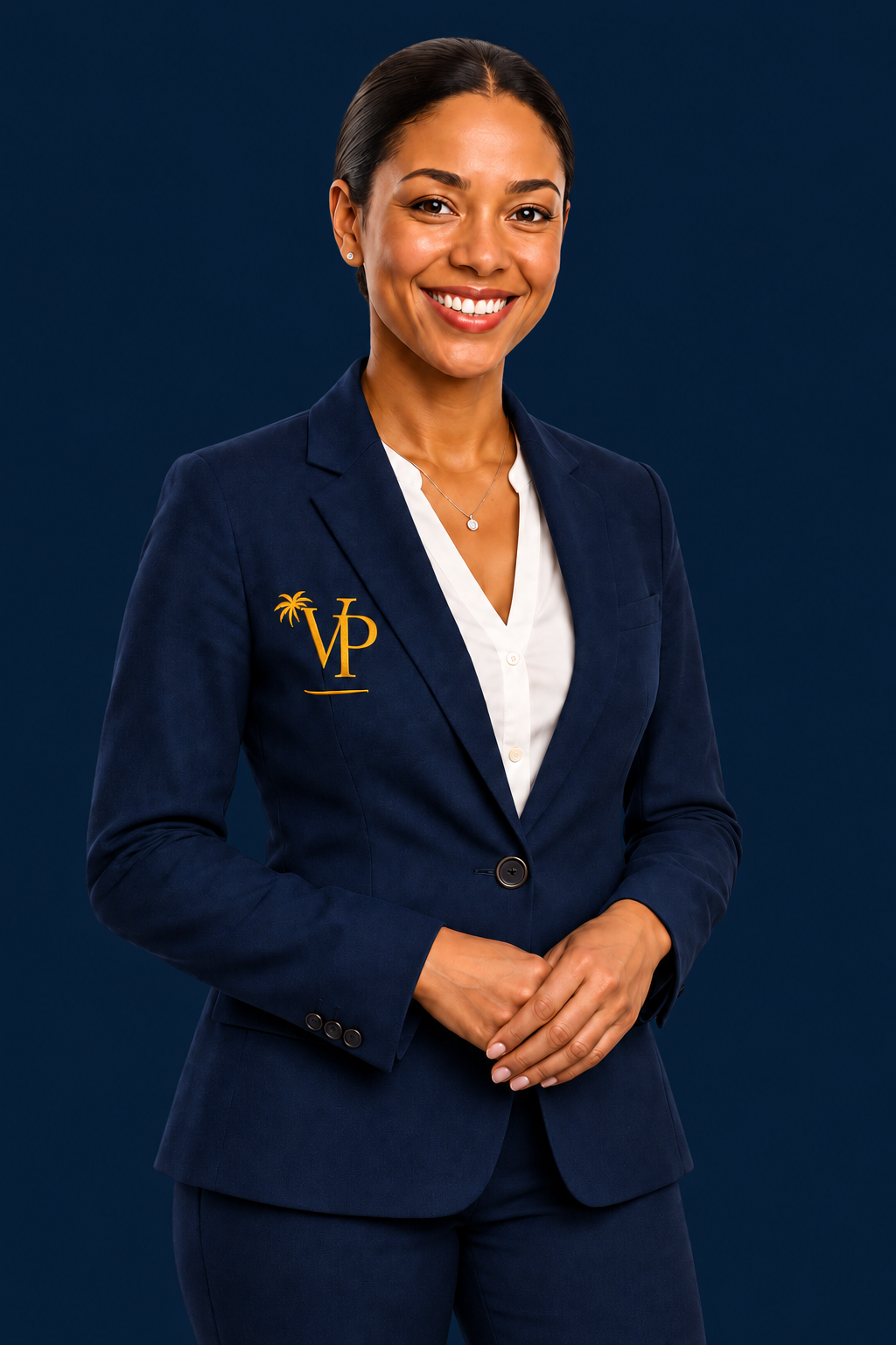 Maguy, votre hôtesse virtuelle, en tenue bleu nuit avec le logo VP doré